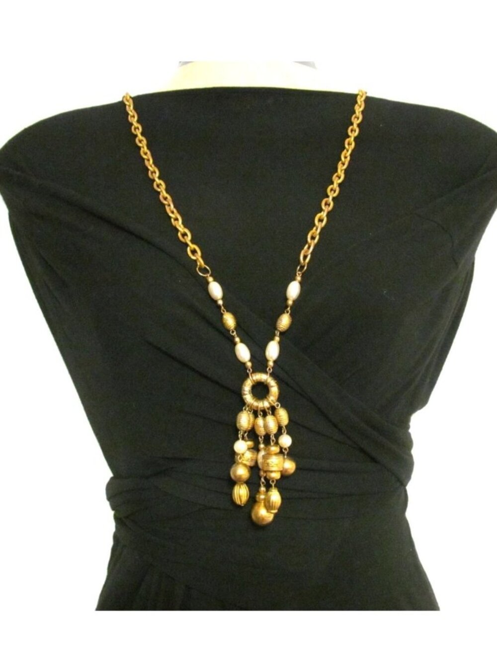 Vintage 1980s Gold Tone Beaded Tassel Fringe Necklace Faux Pearl Accents  34"